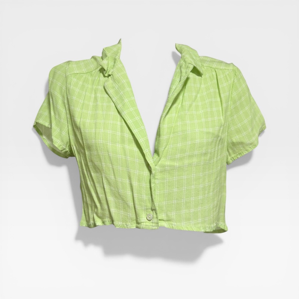 Urban Outfitters Cropped Button Up Women Medium‎ Lime Green Excellent Plaid Top